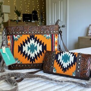 NWT Trinity Ranch Western Crossbody Bag and Wallet Set Tooled Leather Aztec Wool